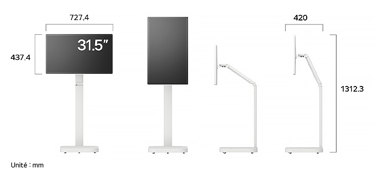 Moniteur LG 32U889SA-W au fini blanc affichant les dimensions du produit sous divers profils, mesurant 727.4 mm de largeur, 437.4 mm de hauteur d'écran, 1312.3 mm de hauteur totale et 420 mm de profondeur.