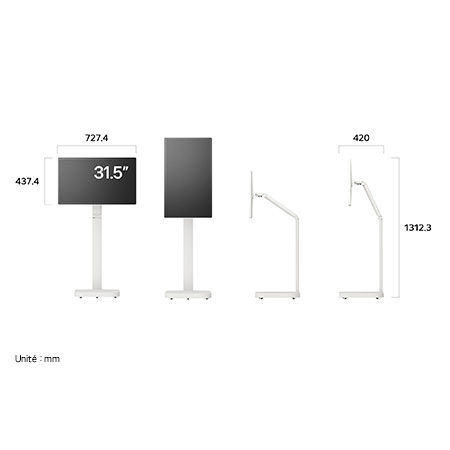 Moniteur LG 32U889SA-W au fini blanc affichant les dimensions du produit sous divers profils, mesurant 727.4 mm de largeur, 437.4 mm de hauteur d'écran, 1312.3 mm de hauteur totale et 420 mm de profondeur.