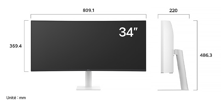 LG Smart Monitor 34U601SA affichant les dimensions de face et de profil, mesurant 809.1 mm de largeur, 369.4 mm de hauteur d'écran, 486.3 mm de hauteur totale et 220 mm de profondeur.