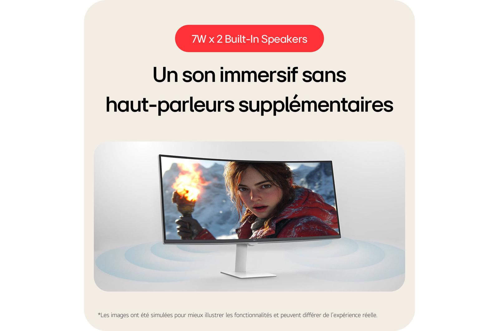 Le LG Smart Monitor 34U601SA offre un son immersif sans haut-parleurs supplémentaires, grâce à ses haut-parleurs intégrés de 7W x 2.