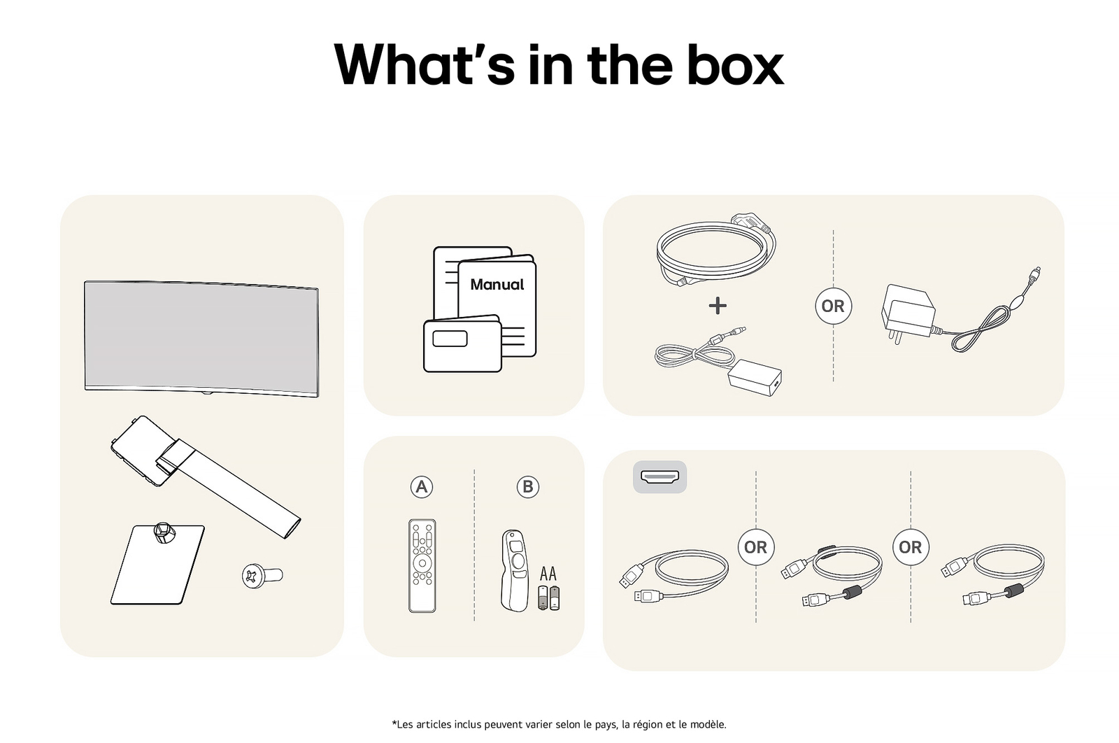 Tous les composants inclus avec le LG Smart Monitor 34U601SA : Moniteur, pièces de support, télécommandes Magic Remote, manuel et divers câbles de connexion.