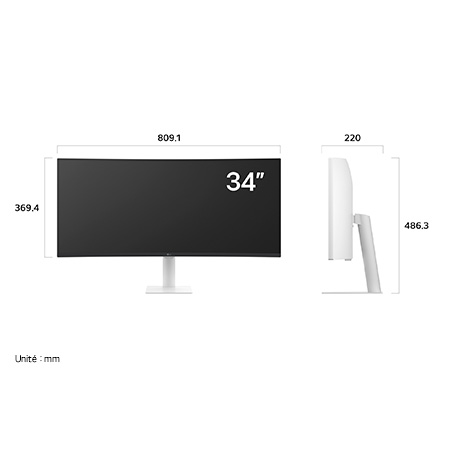 LG Smart Monitor 34U601SA affichant les dimensions de face et de profil, mesurant 809.1 mm de largeur, 369.4 mm de hauteur d'écran, 486.3 mm de hauteur totale et 220 mm de profondeur.