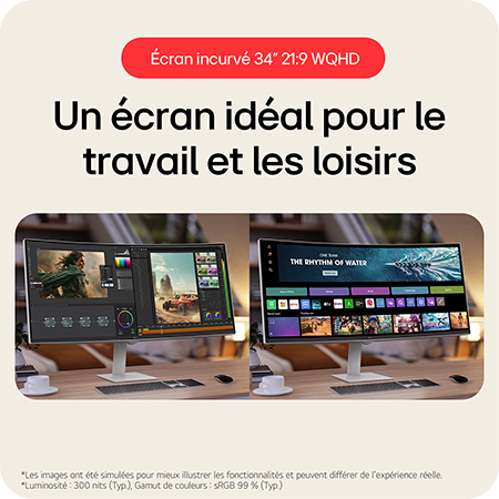Le LG Smart Monitor 34U601SA est doté d'un écran incurvé WQHD 34 pouces 21:9, idéal à la fois pour la productivité et le divertissement immersif.