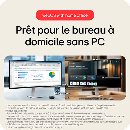 Le LG Smart Monitor 34U601SA permet une configuration de bureau à domicile sans PC, utilisant la prise en charge webOS pour l'accès à distance au PC et diverses applications de productivité.