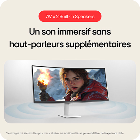 Le LG Smart Monitor 34U601SA offre un son immersif sans haut-parleurs supplémentaires, grâce à ses haut-parleurs intégrés de 7W x 2.