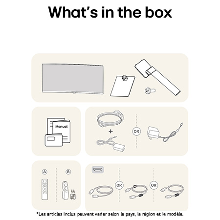 Tous les composants inclus avec le LG Smart Monitor 34U601SA : Moniteur, pièces de support, télécommandes Magic Remote, manuel et divers câbles de connexion.