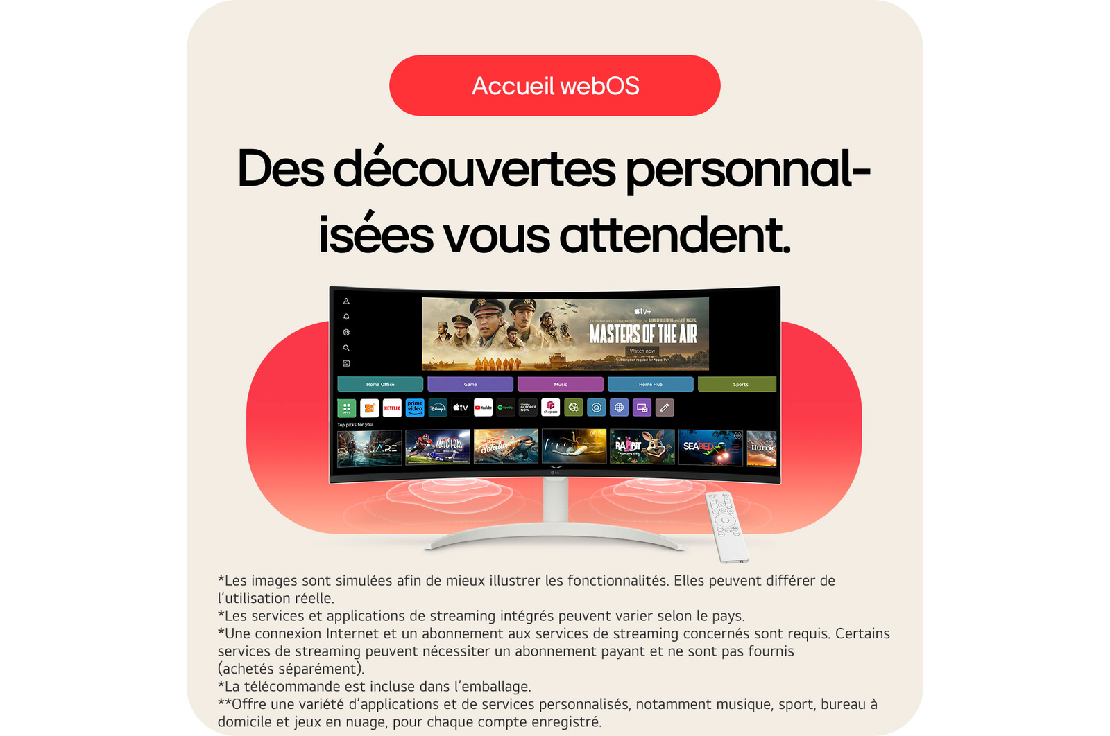 Le LG Smart Monitor 34SR63QA avec écran d'accueil webOS personnalisé, permettant un accès facile à tous les services et applications de streaming.