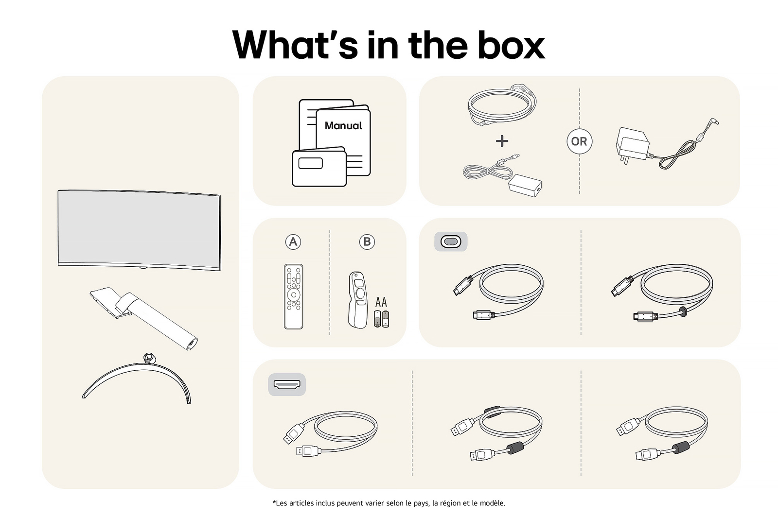 Tous les composants inclus avec le LG Smart Monitor 34SR63QA : Moniteur, pièces de support, télécommandes Magic Remote, manuel et divers câbles de connexion.