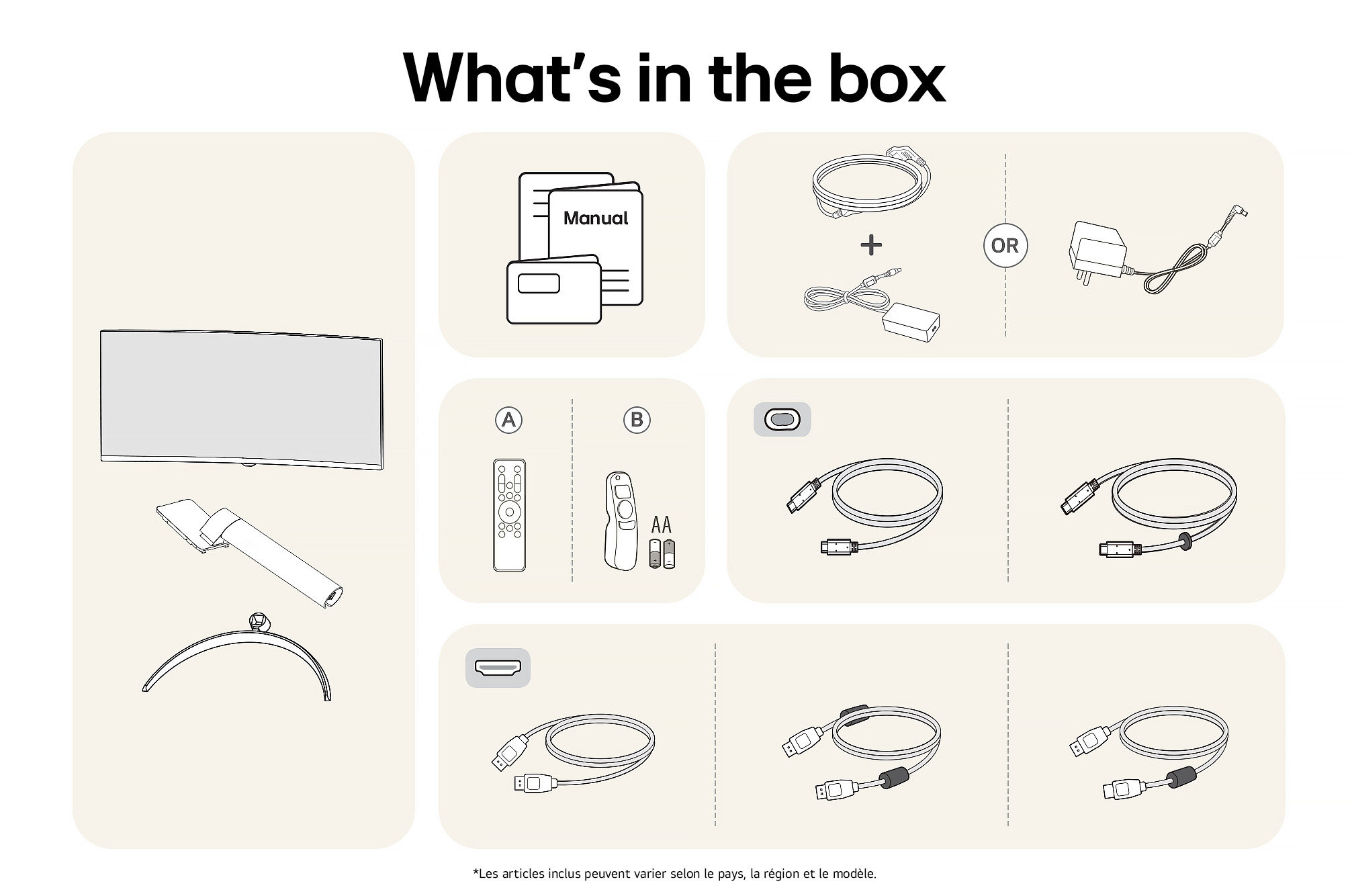 Tous les composants inclus avec le LG Smart Monitor 34SR63QA : Moniteur, pièces de support, télécommandes Magic Remote, manuel et divers câbles de connexion.