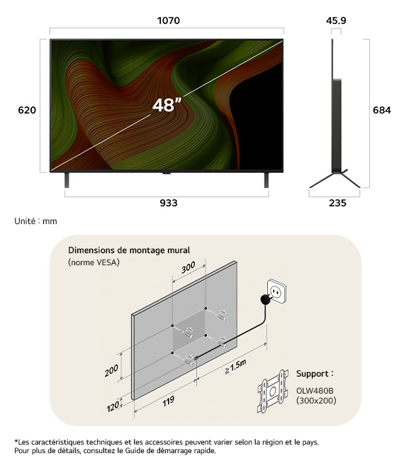 Vue dimensionnelle du LG OLED AI B5 4K 48-inch, 1070×684×235 mm, panel 45.9 mm, VESA 300x200.