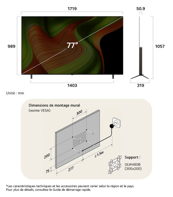 Vue dimensionnelle du LG OLED AI B5 4K 77-inch, 1719×1057×319 mm, panel 50.9 mm, VESA 300x200.
