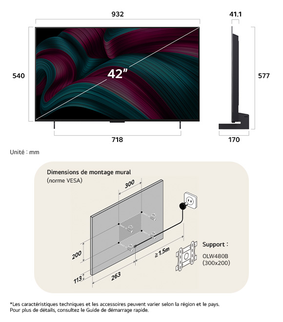 Vue dimensionnelle du LG OLED evo AI C5 4K 42-inch, 932×577×170 mm, panel 41.1 mm, VESA 300x200.