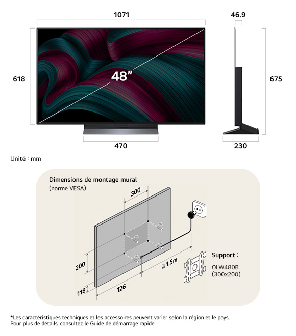 Vue dimensionnelle du LG OLED evo AI C5 4K 48-inch, 1071×675×230 mm, panel 46.9 mm, VESA 300x200.