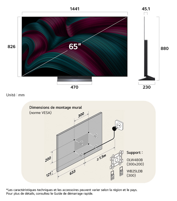 Vue dimensionnelle du LG OLED evo AI C5 4K 65-inch, 1441×880×230 mm, panel 45.1 mm, VESA 300x200.