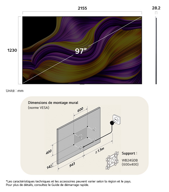 Vue dimensionnelle du LG OLED evo AI G5 4K 97-inch, panel 28.2 mm, VESA 600x400.