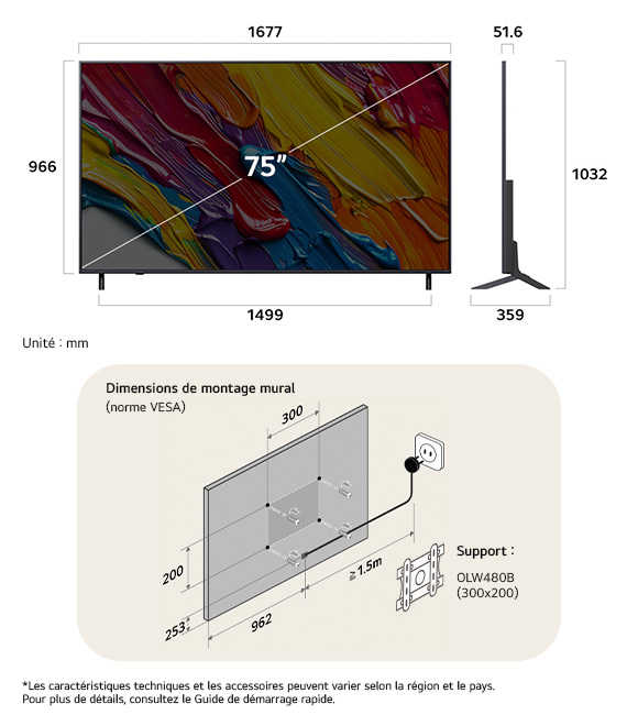 Vue dimensionnelle du LG QNED MiniLED AI QNED82 4K 75-inch, 1677×1032×359 mm, panel 51.6 mm, VESA 300x200.