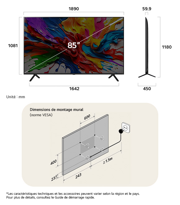 Vue dimensionnelle du LG QNED MiniLED AI QNED92 4K 85-inch, 1890×1180×450 mm, panel 59.9 mm, VESA 600x400.