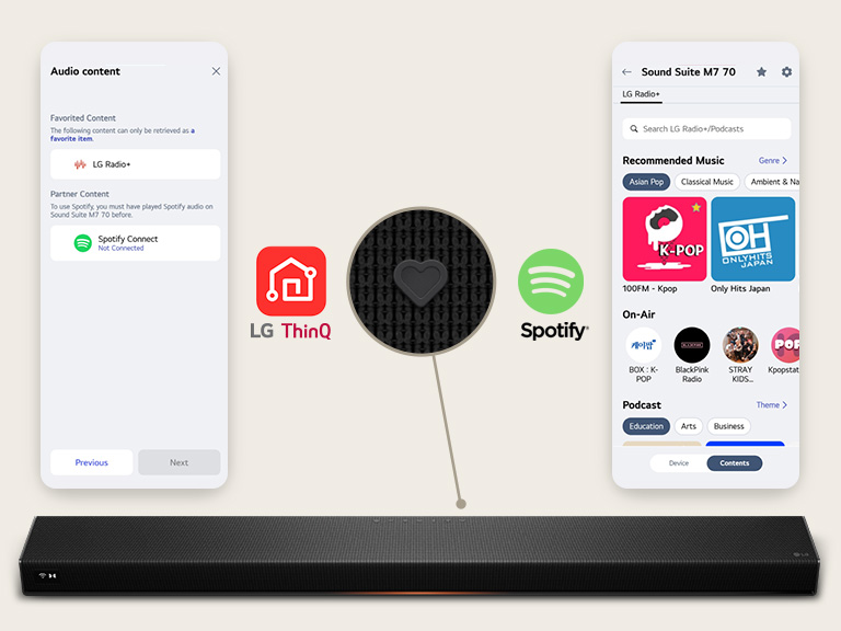 L'écran de l'application LG ThinQ est affiché à gauche et celui de l'application Spotify à droite, mettant en avant la lecture en un seul clic via le bouton Mon Bouton sur le LG Sound Suite H7.