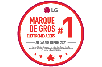Insigne de LG indiquant « La première marque de gros électroménagers au Canada », d’après les résultats de l’enquête OpenBrand 2025 menée auprès des consommateurs, avec des icônes de feuille d’érable et d’étoile symbolisant la reconnaissance nationale.