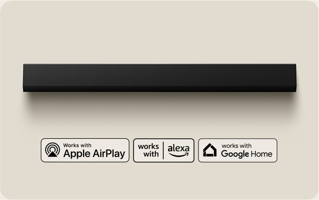 Vue aérienne d’une barre de son LG. Logo d’Apple AirPlay Logo d’Amazon Alexa Logo de Google Home