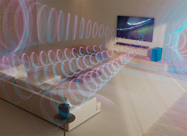 Des ondes sonores virtuelles émanent simultanément de la LG TV et de la LG Soundbar, ainsi que de ses haut-parleurs arrière et de son caisson de basses, et emplissent tout l’espace.
