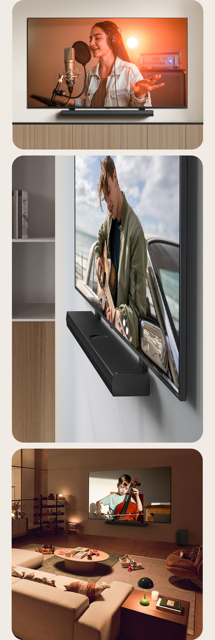 Une barre de son LG et un téléviseur QNED de LG sont contre le mur avec le support QNED correspondant dans un salon gris et en bois. La perspective est en angle. Le téléviseur QNED de LG affiche un homme jouant de la guitare devant l’océan.  La barre de son LG et le téléviseur QNED de LG sont contre un mur de couleur crème avec le support à téléviseur QNED correspondant. Le téléviseur affiche une vidéo d’une femme chantant dans un studio d’enregistrement. Sous le téléviseur, il y a un support géométrique moderne en bois.   La barre de son LG et le téléviseur QNED de LG sont sur un mur avec le support à téléviseurs QNED correspondant dans un salon chaleureux et à l’éclairage tamisé avec des jouets d’enfants. Le téléviseur affiche une vidéo d’un garçon jouant du violoncelle. 