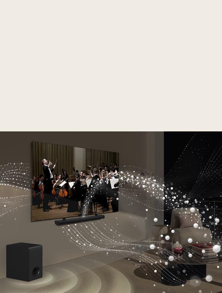 La barre de son LG, le téléviseur de LG et le caisson de basses se trouvent dans un salon. Une performance musicale est diffusée à l’écran. Les gouttelettes blanches produisent des ondes sonores qui se propagent vers le haut et vers l’avant à partir de la barre de son et qui sont projetées par le téléviseur. Un caisson de basses crée un effet sonore à partir du bas.