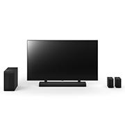 Vue avant du LG QNED 65 pouces, de la LG Soundbar S75TR, des haut-parleurs arrière et du caisson de basses