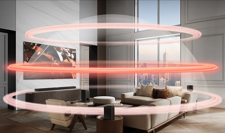 La barre de son LG et le téléviseur de LG se trouvent dans un grand appartement urbain. Trois bandes rouges apparaissent l’une après l’autre, représentant des couches virtuelles, et se rejoignent pour créer un dôme sonore complet.	