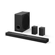 45-degree side angle view of Soundbar, subwoofer, and Rear Speakers