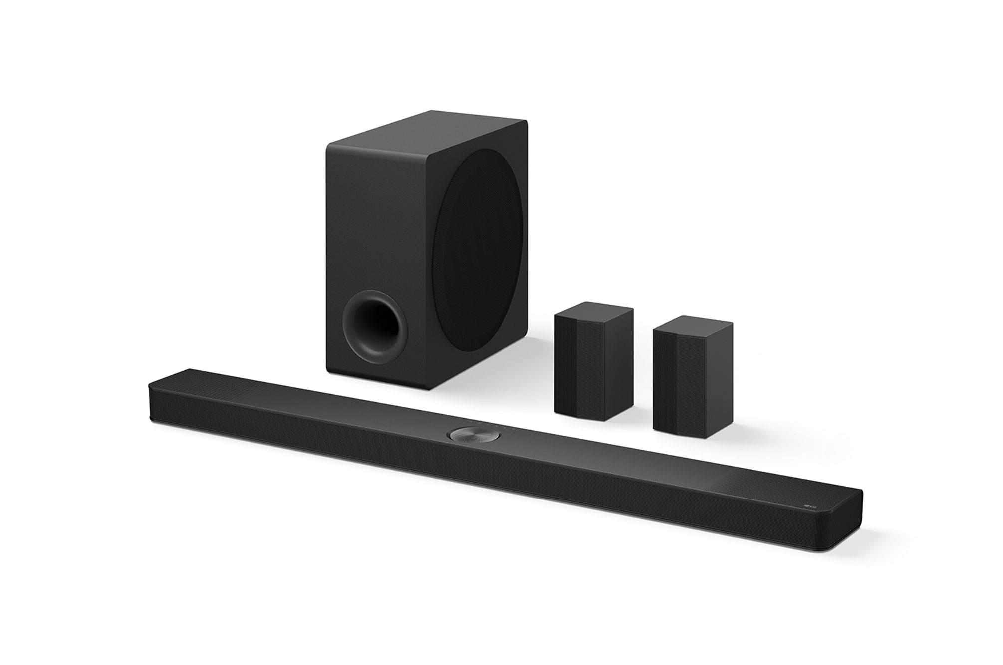 45-degree side angle view of Soundbar, subwoofer, and Rear Speakers