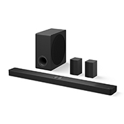 45-degree side angle view of Soundbar, subwoofer, and Rear Speakers