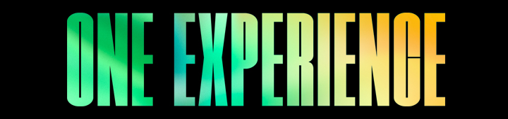 Les mots « ONE EXPERIENCE » (UNE EXPÉRIENCE) dans un motif dégradé vert et jaune.