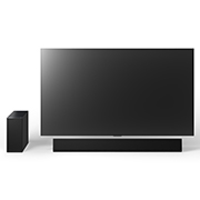 Vue avant du téléviseur OLED G4 de 77 po de LG, de la barre de son LG SG10TY et du caisson de basses