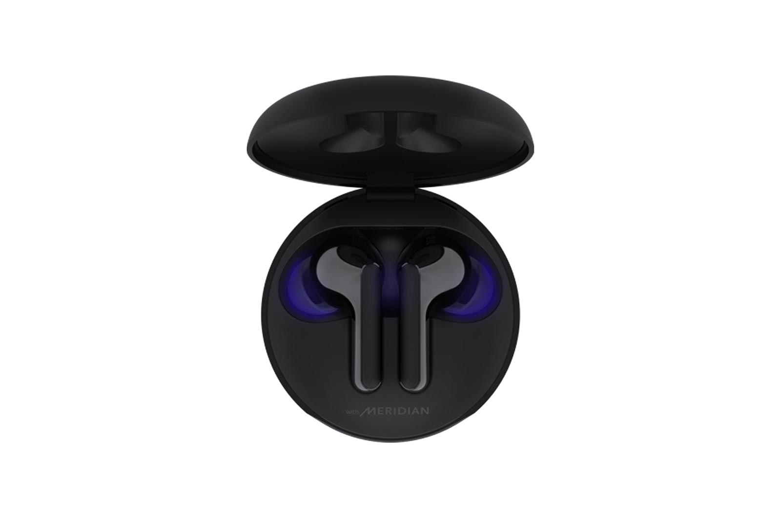 Vue avant de Véritables écouteurs sans fil LG TONE Free HBS-FN6 avec technologie Meridian Audio et boîtier de recharge UVnano  HBS-FN6