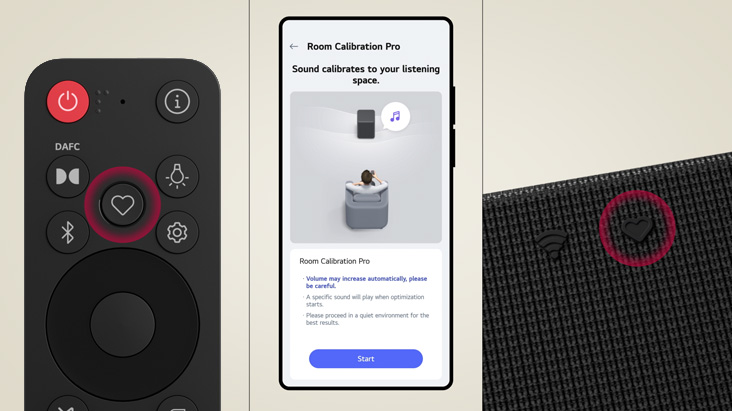Application LG ThinQ exécutant Room Calibration Pro avec télécommande et haut-parleur, optimisant le son selon l’acoustique de la pièce