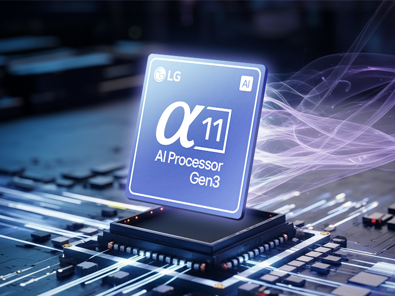 Vue rapprochée du processeur IA alpha 11 de troisième génération de LG illuminé, représentant le traitement avancé du son par l’IA.