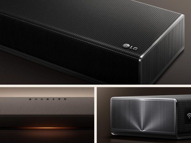 1) Vue rapprochée de la barre de son H7 du système Sound Suite noire vue du dessus, légèrement inclinée, de manière à mettre en valeur sa conception haut de gamme et ses détails en aluminium. 2) Vue détaillée du dessus de la barre de son du système Sound Suite de LG sur une surface noire, avec un éclairage orange subtil en dessous. 3) Vue latérale de la barre de son H7 du système Sound Suite de LG avec des détails en aluminium fabriqués avec précision et des accents en tissu noir profond.