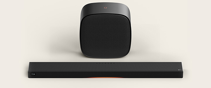 Système Cinema Suite 7 de LG, un ensemble de système audio stéréo classique pour la maison doté d’une barre de son Sound Suite et d’un caisson de basses.