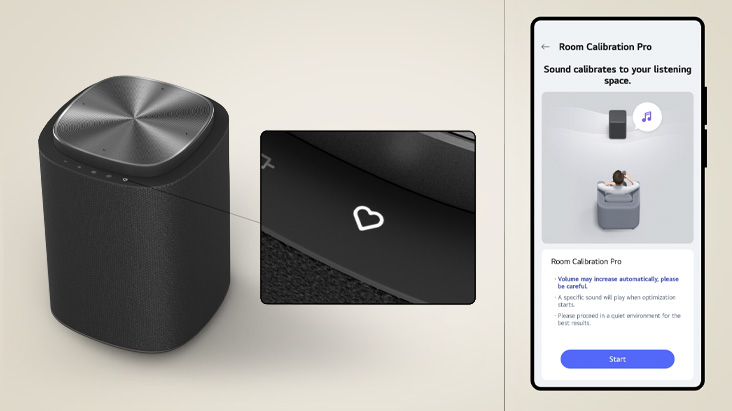 Application LG ThinQ exécutant Room Calibration Pro avec télécommande et haut-parleur, optimisant le son selon l’acoustique de la pièce