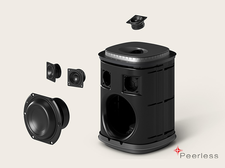 Haut-parleur M7 du système Sound Suite de LG avec son spatial et réseaux de haut-parleurs Peerless avant et à rayonnement vers le haut offrant un son 3D immersif dans toutes les directions