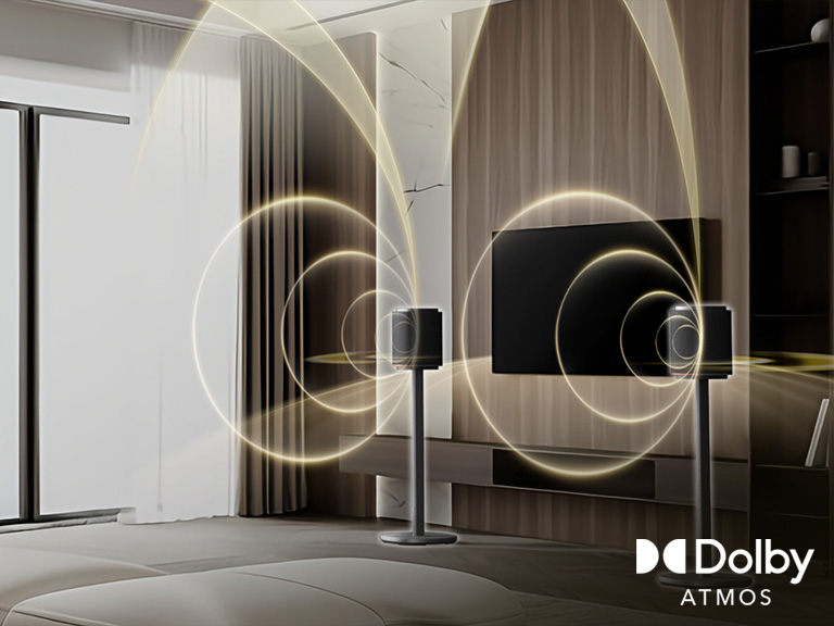 Un salon avec des ondes sonores courbées provenant d’une barre de son Sound Suite de LG avec un système de son ambiophonique prenant en charge la technologie Dolby Atmos FlexConnect pour le téléviseur.
