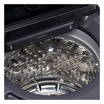 Schéma technique de dimensions et d'installation du lave-linge à chargement par le haut LG : 27 po (68,6 cm) de largeur, 43 po (109,2 cm) de hauteur, 57 po (144,8 cm) de hauteur couvercle ouvert et 32 po (81,1 cm) de profondeur d'installation requise.