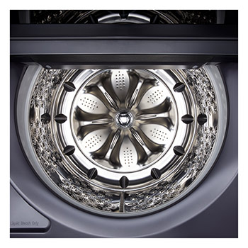L'ensemble lave-linge et sèche-linge LG (WT8600CB) en Noir Acier, illustrant son design à plateau plat s'intégrant parfaitement sous les armoires de la buanderie.
