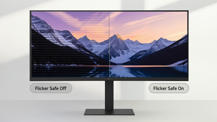 Moniteur LG UltraWide affichant une comparaison en écran partagé d’un paysage de montagne, avec le côté gauche montrant un scintillement d’écran et le côté droit une image claire et sans scintillement.