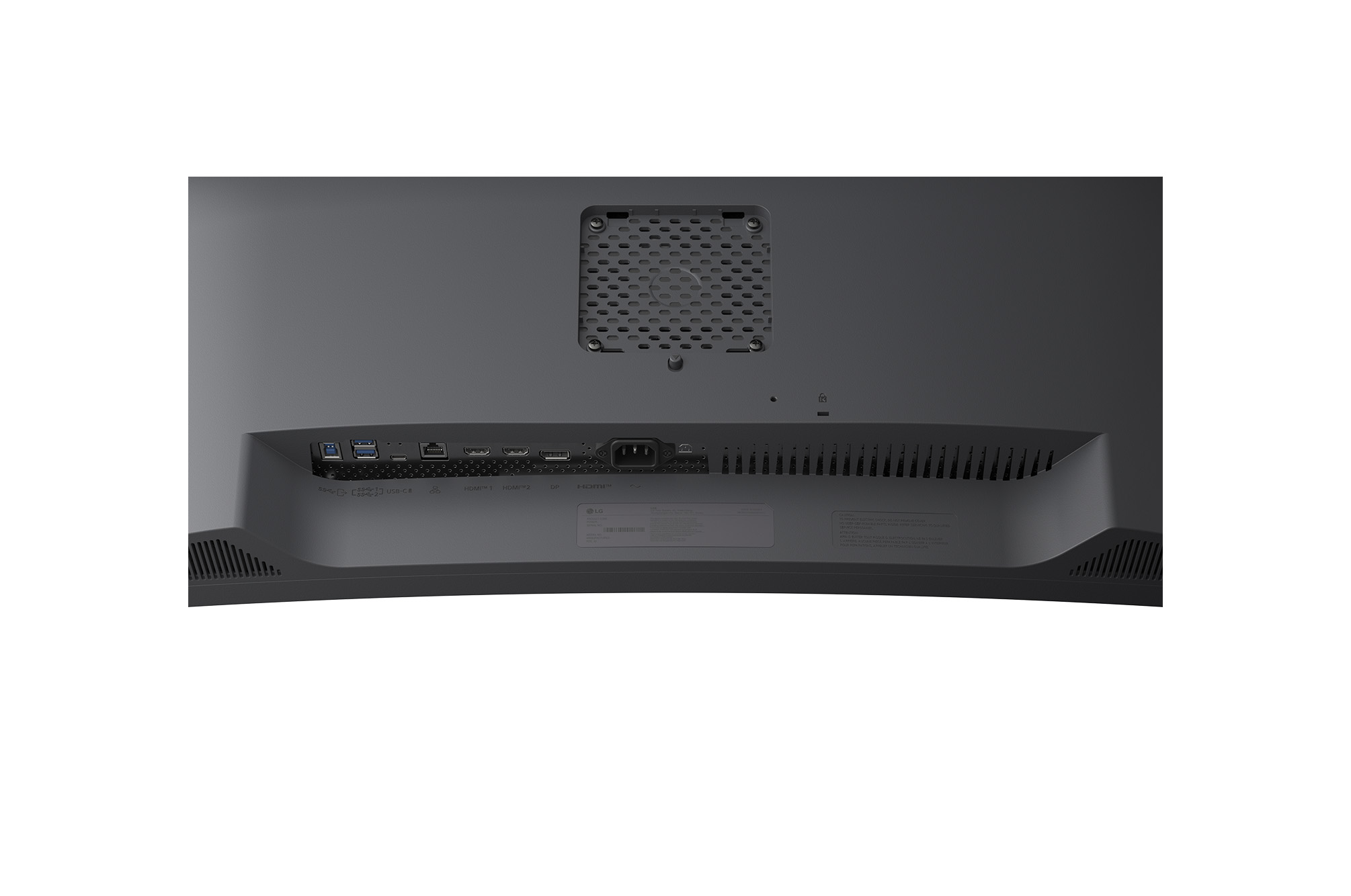 Rear close-up view of monitor ports and stand mount