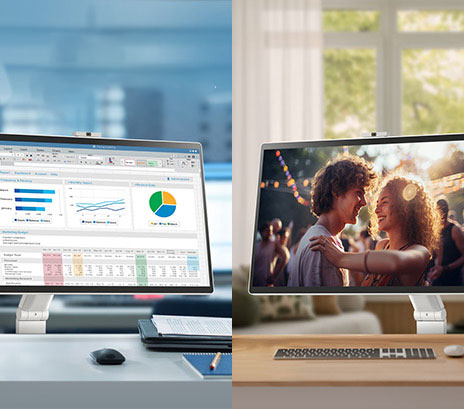 Dans l’image de gauche, un LG Smart Monitor Swing affiche divers graphiques dans un bureau, tandis que dans l’image de droite, un LG Smart Monitor Swing à domicile diffuse un film.
