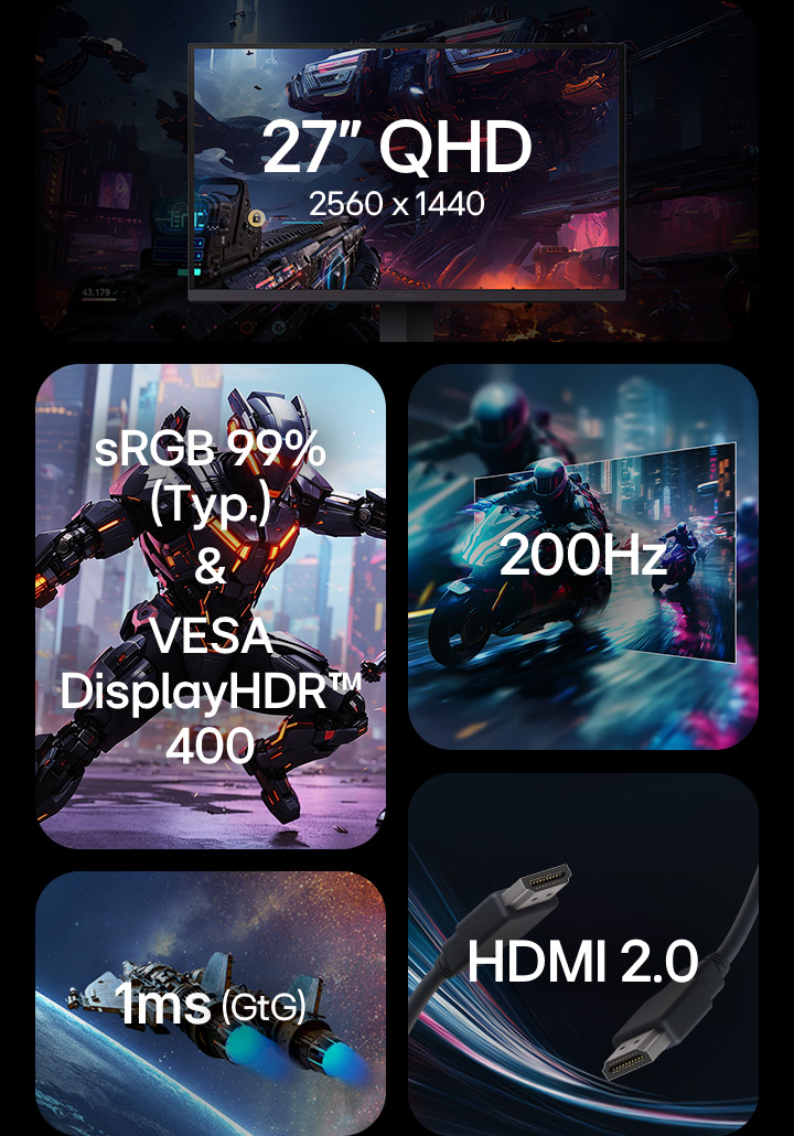Collage de cinq vignettes présentant les caractéristiques du LG UltraGear™ 27G610A : cadre du moniteur avec le texte “27″ QHD 2560×1440”; scène de bataille de science-fiction indiquant “sRGB 99% (Typ.) & VESA DisplayHDR™ 400”; image de moto en mouvement flou portant la mention “200Hz” ; image de vaisseau spatial indiquant “1ms (GtG)”; et gros plan sur un câble HDMI avec l’inscription “HDMI 2.0.”	