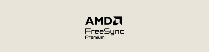 Image montrant le logo de certification AMD FreeSync™ Premium en noir, centré sur un fond beige clair.	