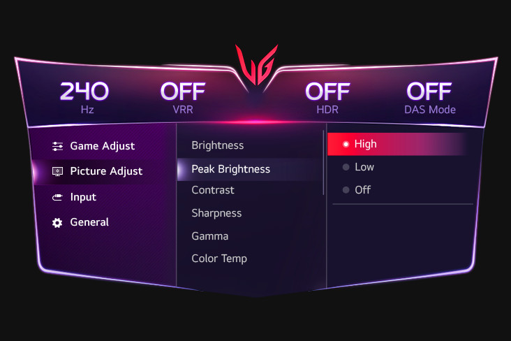 Image de l’interface graphique du réglage Peak Brightness.